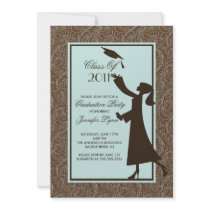 Brown Damask Graduation Invitation Silhouette Grad