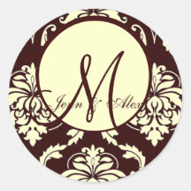 Brown Damask Wedding Monogram Ivory Envelope Seal Stickers