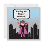 Brown Hair Girl Super Hero Birthday Invitation