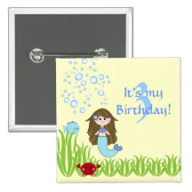Brown mermaid cute girl's birthday pinback button