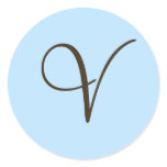 Brown Monogram V on Light Blue Favor Label Round Stickers