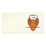 Brown owl on beige check. Bird cartoon. Custom photo cards