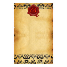 BROWN PARCHMENT DAMASK , RED WAX SEAL MONOGRAM CUSTOMIZED STATIONERY