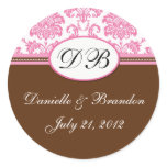 Brown Pink Wedding Monogram Damask Seal stickers