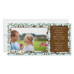 Brown Swirl Damask & Gerbers on Blue Save The Date photo cards
