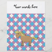 Brown unicorn on purple and blue argyle background personalised flyer