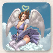 Brunette Angel Pinup with Heart Halo by Al Rio Beverage Coaster