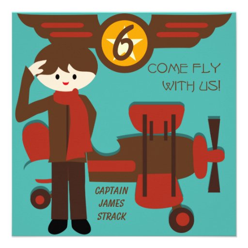 Brunette Boy Pilot Birthday Invitations