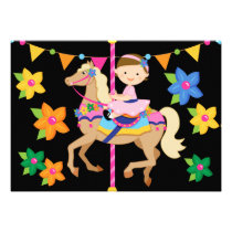 Brunette Girl Carousel Birthday 5x7 Invitation invitations