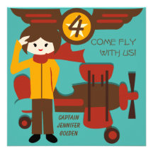 Brunette Girl Pilot Birthday Invitations