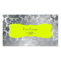 Brushed steel baroque damask/fluorescent green business card