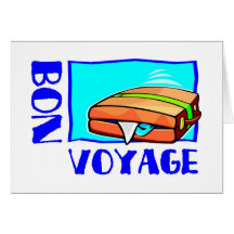 Bulging suitcase full of luggage: “Bon Voyage!” Greeting Cards
