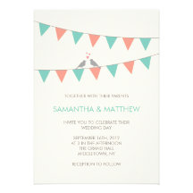 Bunting Love Birds Wedding Invitation - Blue Pink