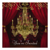Burgundy Curtains Red Gold Chandelier Party Personalized Invitations