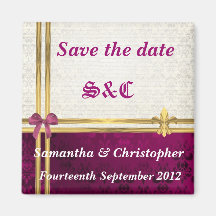 Burgundy damask & gold ribbon save the date fridge magnet