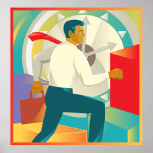 businessman running briefcase stairs clock poster