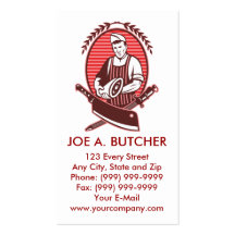 Butcher with meat knife and sharpener business card template