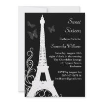 Butterflies in Paris Birthday Invite black