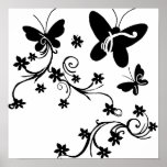 Butterflies with flowers  black n white poster posters
