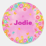 Butterfly and flowers party name stickers