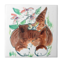 Butterfly Nap - sleepy kitten , Sumi-e in colour Tiles
