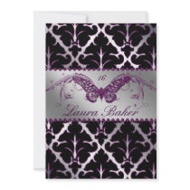 Butterfly Sweet 16 Invite Damask Purple Sparkle