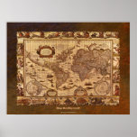 c1499 Antique World Map Art w Organic Border Poster