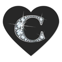 "C" Diamond Bling on Black Heart Sticker