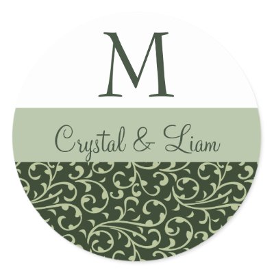 Cactus And Forest Green Damask Wedding Monogram Stickers By Jaclinart