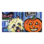 Cairn Terrier investigates glowing pumpkin photo cards