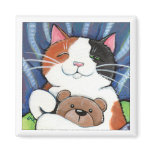 Calico Cat and Teddy Bear | Cat Art Magnet
