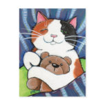 Calico Cat and Teddy Bear | Cat Art Postcard
