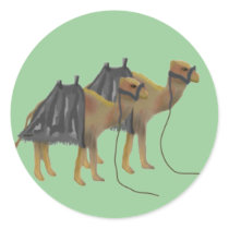 Camels in the desert round stickers