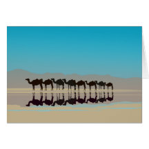 Camels walking in desert cards