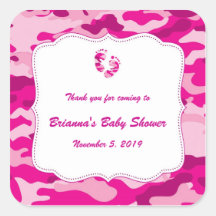 Camo Baby Shower Favour Label Hot Pink Square Sticker