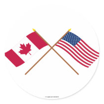 Canada and the United States Crossed Flags Round Sticker