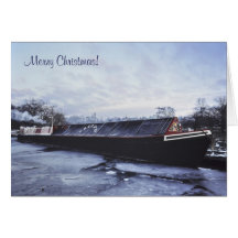 Canal boat in the snow greeting cards