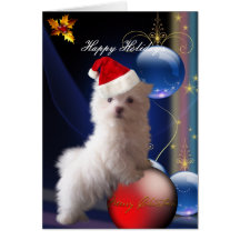 Card White Puppy Dog Flowers "Happy Holidays"