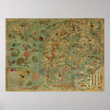 Carta Marina Map of Scandinavia by Olaus Magnus Poster