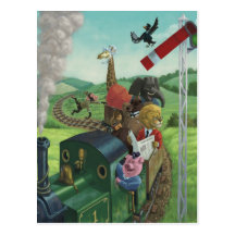 cartoon animals enjoying a train journey post card