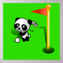 Cartoon Baby Panda Bear Golfing on the Green Poster
