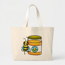 Cartoon bee leaning on honey jar canvas bags
