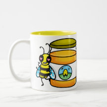 Cartoon bee leaning on honey jar coffee mugs