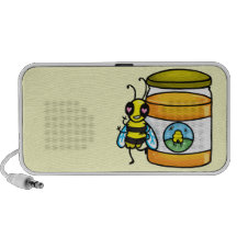 Cartoon bee leaning on honey jar travelling speakers