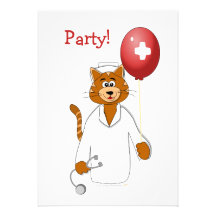 Cartoon Cat Nurse with Balloon Custom Announcements
