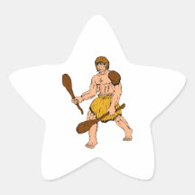 Cartoon Caveman Holding Club Star Sticker