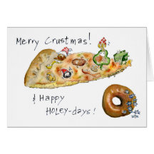 Cartoon Christmas Pizza and Doughnut Greeting Cards