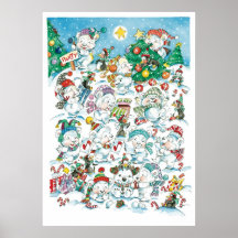 Cartoon Christmas Polar Bears Penguins Snow Party Posters
