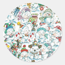 Cartoon Christmas Polar Bears Penguins Snow Party Stickers