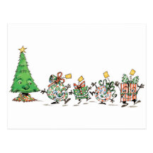 Cartoon Christmas Presents and Tree with Gold Star Postcard